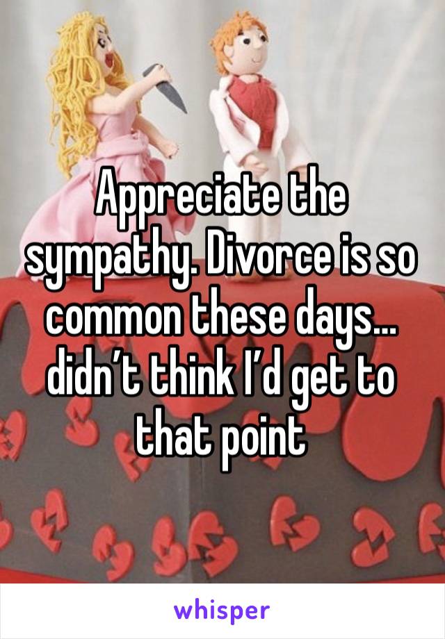 Appreciate the sympathy. Divorce is so common these days… didn’t think I’d get to that point 