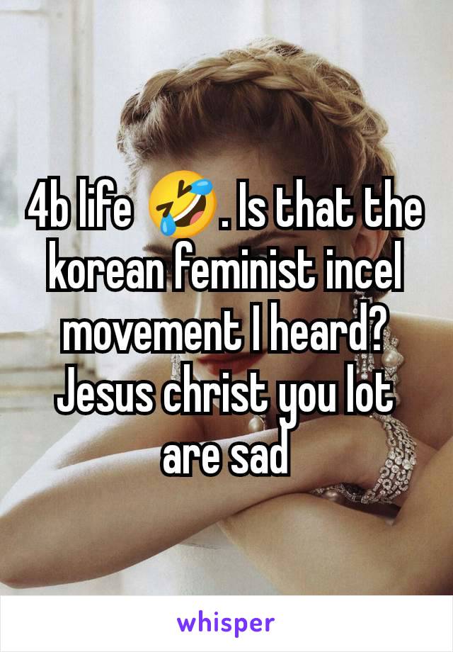 4b life 🤣. Is that the korean feminist incel movement I heard? Jesus christ you lot are sad