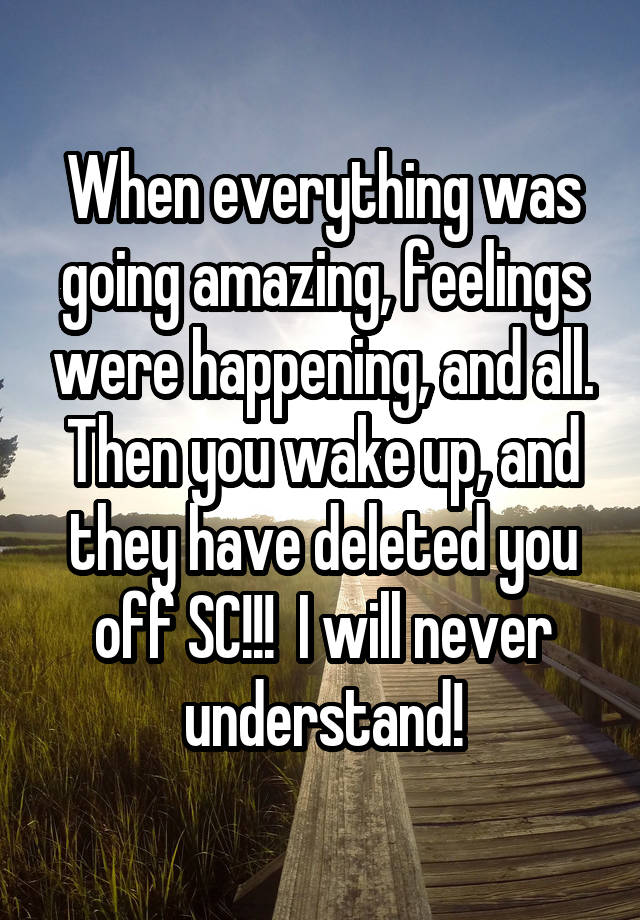 When everything was going amazing, feelings were happening, and all. Then you wake up, and they have deleted you off SC!!!  I will never understand!