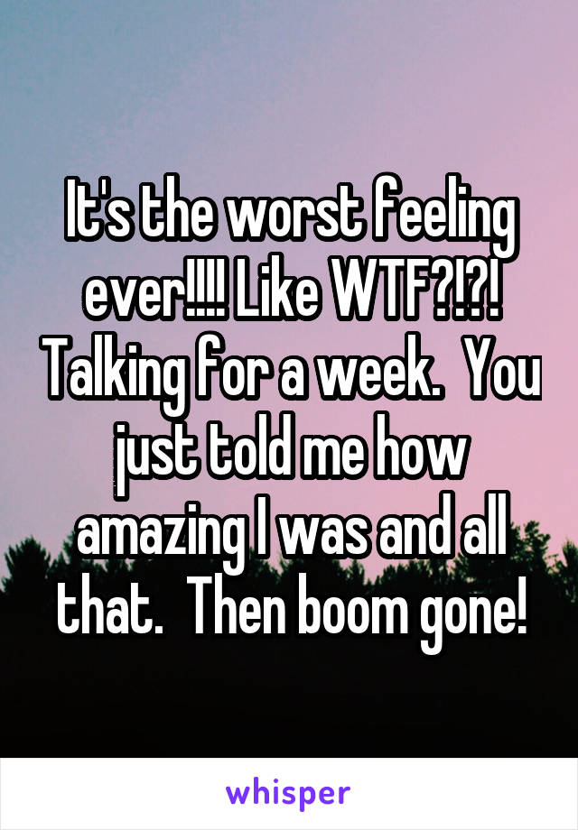 It's the worst feeling ever!!!! Like WTF?!?! Talking for a week.  You just told me how amazing I was and all that.  Then boom gone!