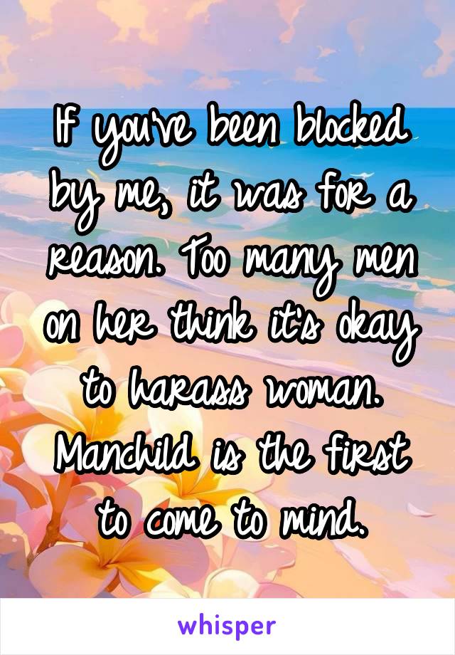 If you've been blocked by me, it was for a reason. Too many men on her think it's okay to harass woman. Manchild is the first to come to mind.