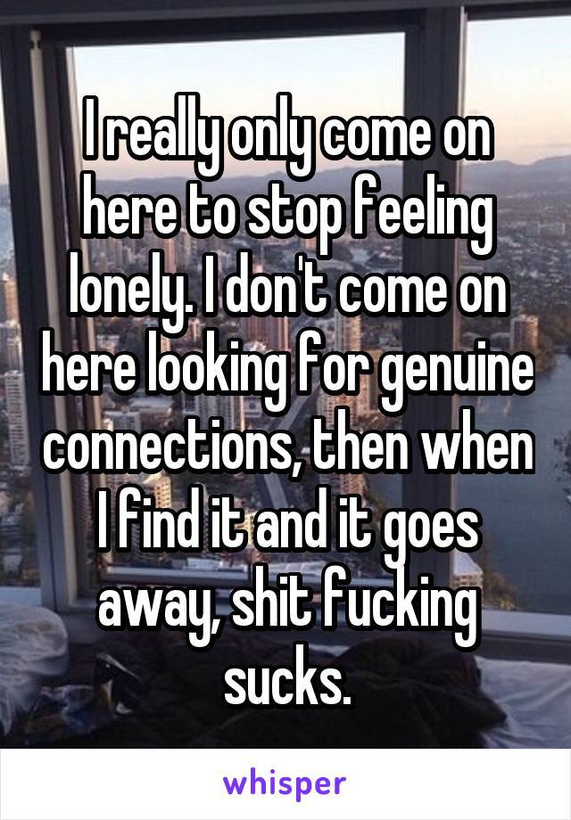 I really only come on here to stop feeling lonely. I don't come on here looking for genuine connections, then when I find it and it goes away, shit fucking sucks.