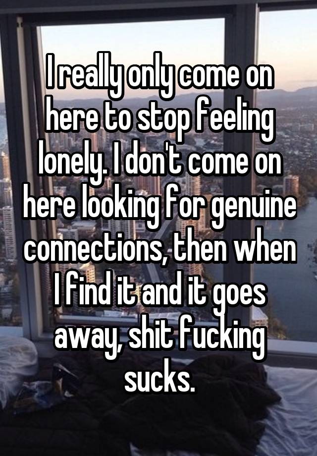 I really only come on here to stop feeling lonely. I don't come on here looking for genuine connections, then when I find it and it goes away, shit fucking sucks.