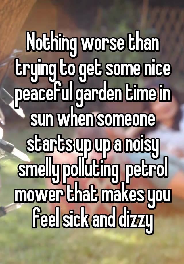 Nothing worse than trying to get some nice peaceful garden time in sun when someone starts up up a noisy smelly polluting  petrol mower that makes you feel sick and dizzy