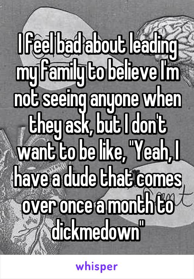 I feel bad about leading my family to believe I'm not seeing anyone when they ask, but I don't want to be like, "Yeah, I have a dude that comes over once a month to dickmedown"