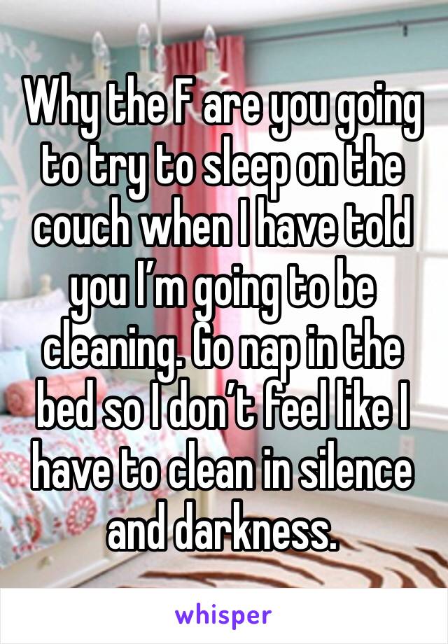 Why the F are you going to try to sleep on the couch when I have told you I’m going to be cleaning. Go nap in the bed so I don’t feel like I have to clean in silence and darkness.