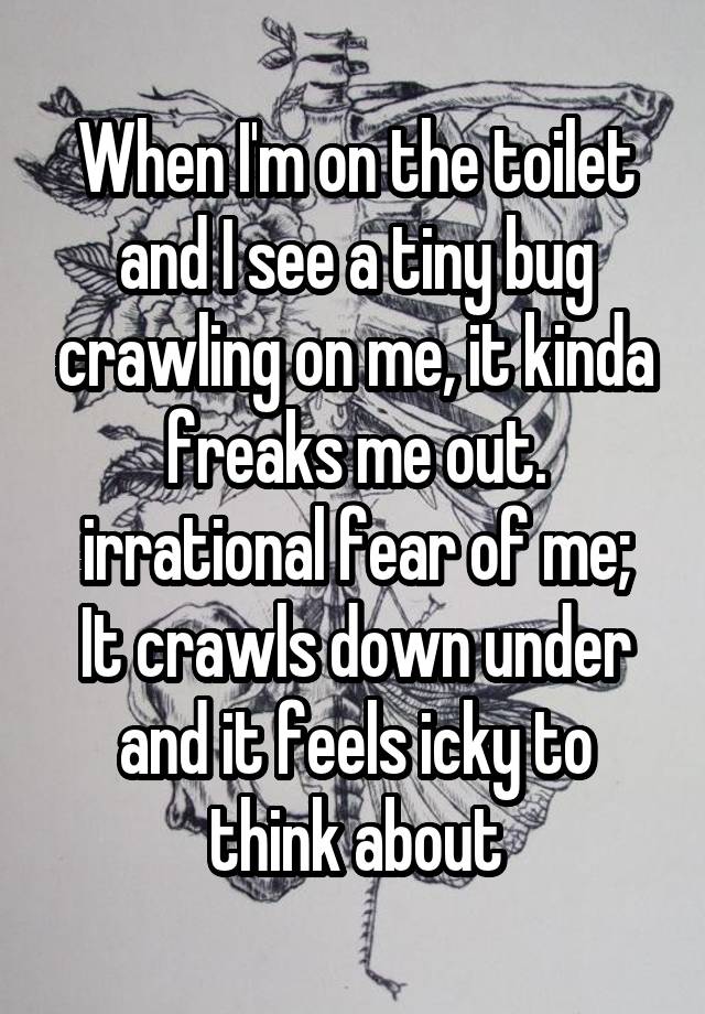 When I'm on the toilet and I see a tiny bug crawling on me, it kinda freaks me out.
irrational fear of me;
It crawls down under and it feels icky to think about