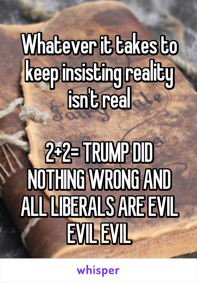 Whatever it takes to keep insisting reality isn't real

2+2= TRUMP DID NOTHING WRONG AND ALL LIBERALS ARE EVIL EVIL EVIL