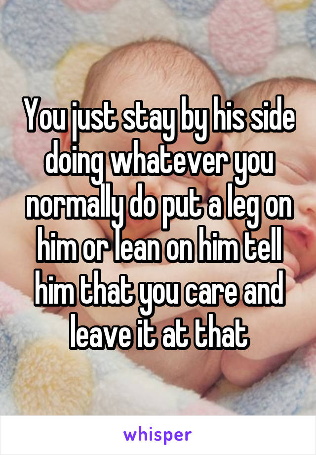 You just stay by his side doing whatever you normally do put a leg on him or lean on him tell him that you care and leave it at that