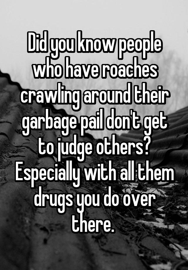 Did you know people who have roaches crawling around their garbage pail don't get to judge others? Especially with all them drugs you do over there. 