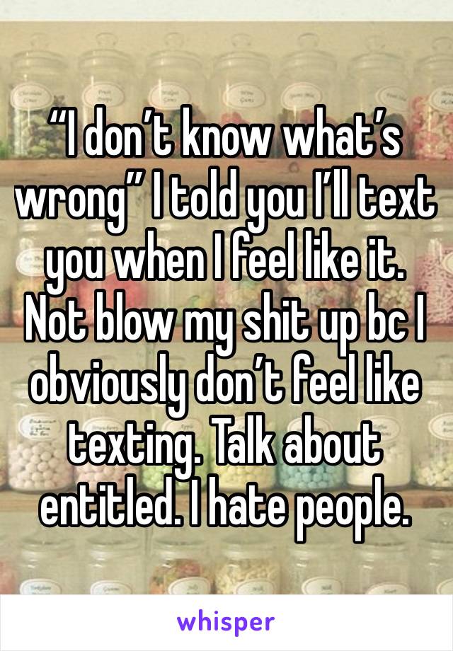 “I don’t know what’s wrong” I told you I’ll text you when I feel like it. Not blow my shit up bc I obviously don’t feel like texting. Talk about entitled. I hate people. 