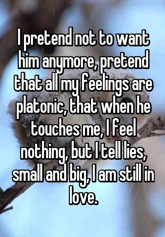 I pretend not to want him anymore, pretend that all my feelings are platonic, that when he touches me, I feel nothing, but I tell lies, small and big, I am still in love.