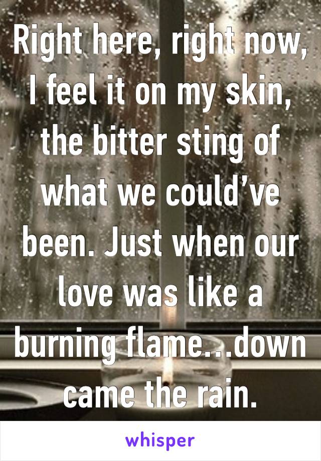 Right here, right now, I feel it on my skin, the bitter sting of what we could’ve been. Just when our love was like a burning flame…down came the rain. 