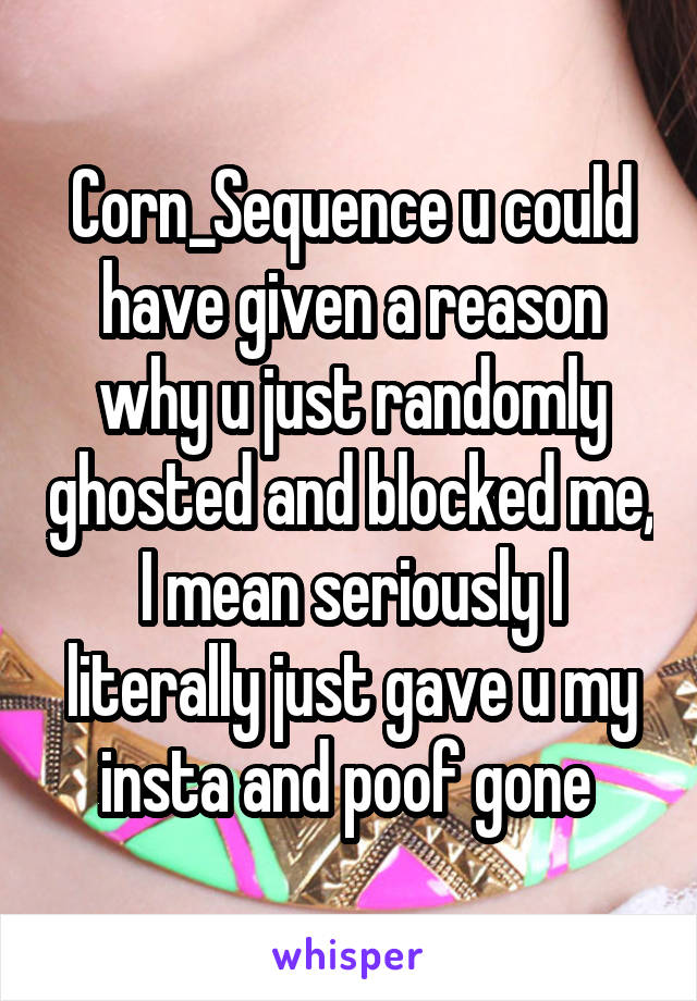 Corn_Sequence u could have given a reason why u just randomly ghosted and blocked me, I mean seriously I literally just gave u my insta and poof gone 