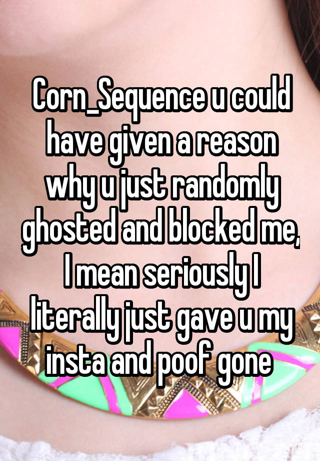 Corn_Sequence u could have given a reason why u just randomly ghosted and blocked me, I mean seriously I literally just gave u my insta and poof gone 