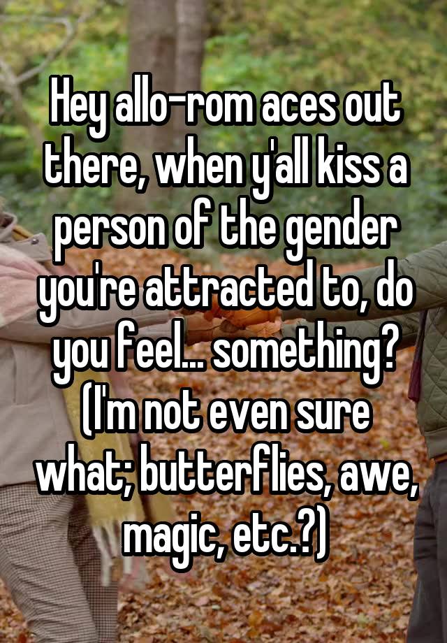 Hey allo-rom aces out there, when y'all kiss a person of the gender you're attracted to, do you feel... something? (I'm not even sure what; butterflies, awe, magic, etc.?)