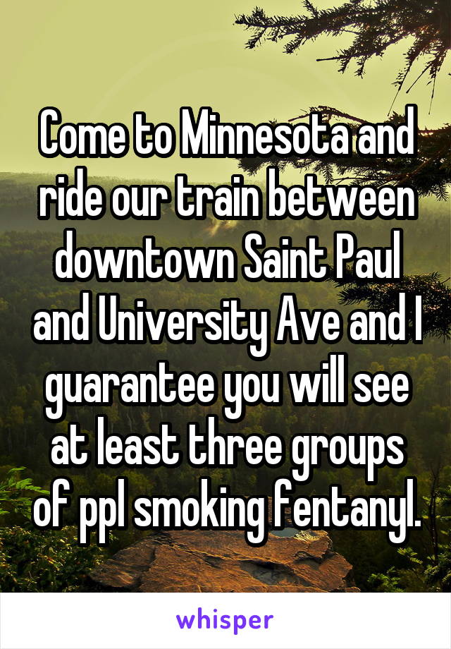 Come to Minnesota and ride our train between downtown Saint Paul and University Ave and I guarantee you will see at least three groups of ppl smoking fentanyl.