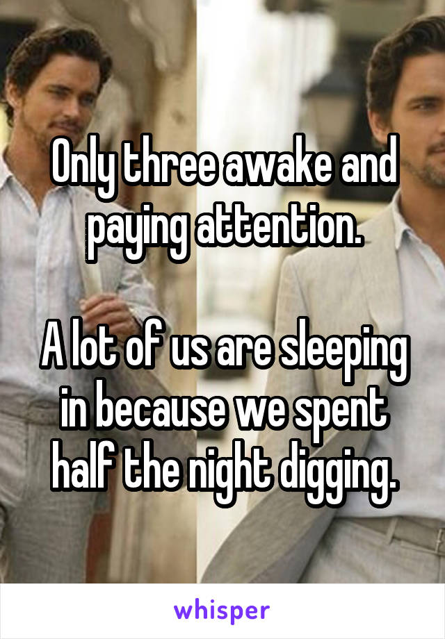 Only three awake and paying attention.

A lot of us are sleeping in because we spent half the night digging.