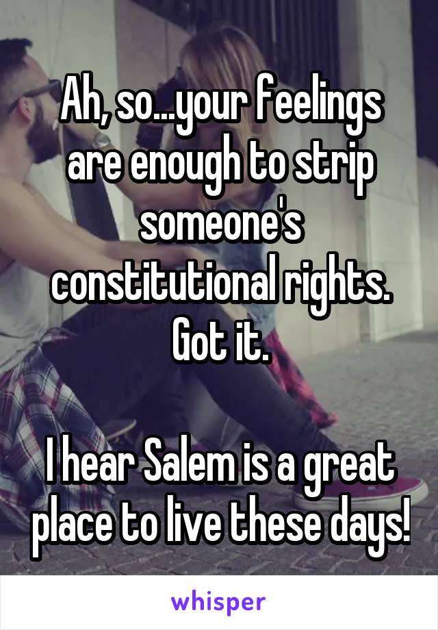 Ah, so...your feelings are enough to strip someone's constitutional rights. Got it.

I hear Salem is a great place to live these days!