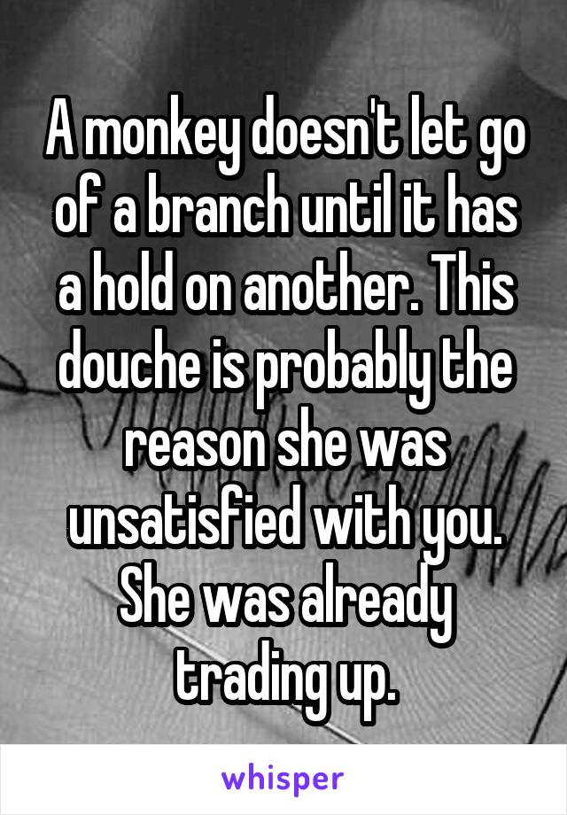 A monkey doesn't let go of a branch until it has a hold on another. This douche is probably the reason she was unsatisfied with you. She was already trading up.