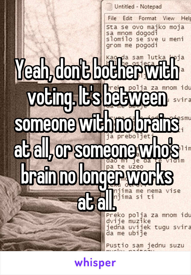 Yeah, don't bother with voting. It's between someone with no brains at all, or someone who's brain no longer works at all.