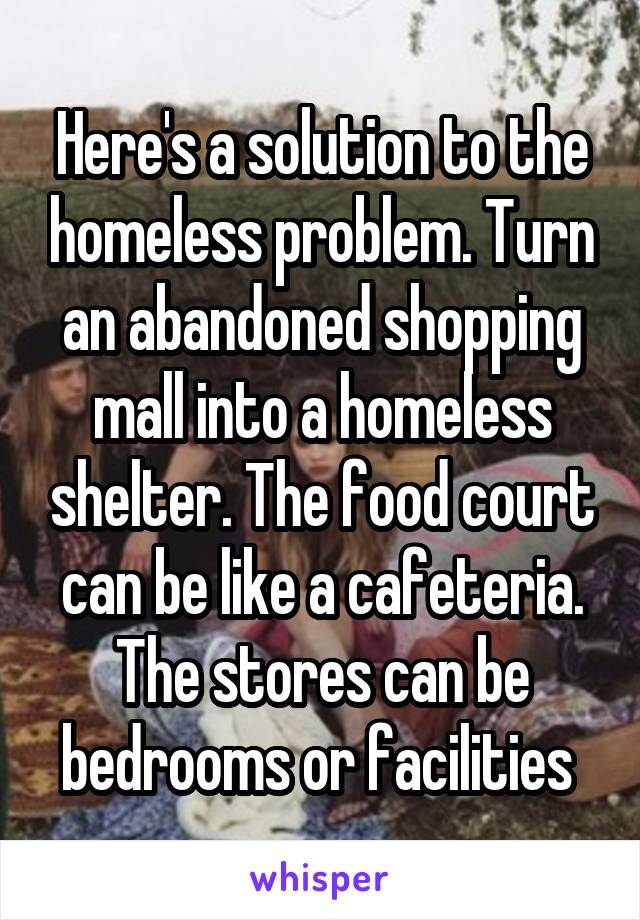 Here's a solution to the homeless problem. Turn an abandoned shopping mall into a homeless shelter. The food court can be like a cafeteria. The stores can be bedrooms or facilities 
