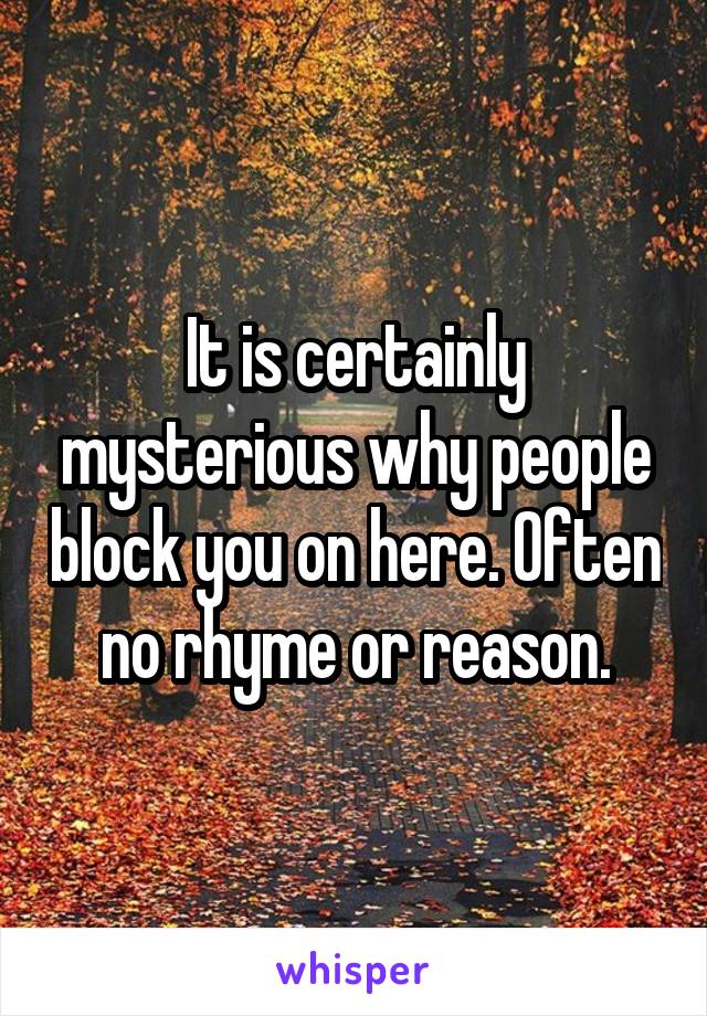 It is certainly mysterious why people block you on here. Often no rhyme or reason.