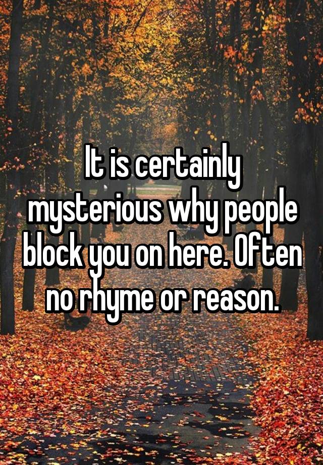 It is certainly mysterious why people block you on here. Often no rhyme or reason.