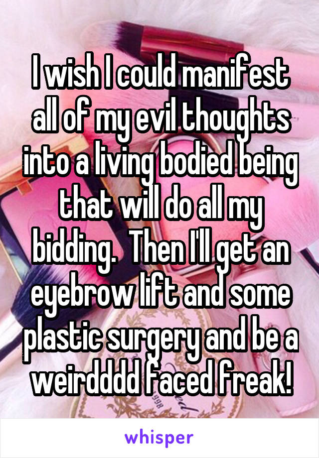 I wish I could manifest all of my evil thoughts into a living bodied being that will do all my bidding.  Then I'll get an eyebrow lift and some plastic surgery and be a weirdddd faced freak!