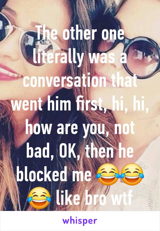 The other one literally was a conversation that went him first, hi, hi, how are you, not bad, OK, then he blocked me 😂😂😂 like bro wtf