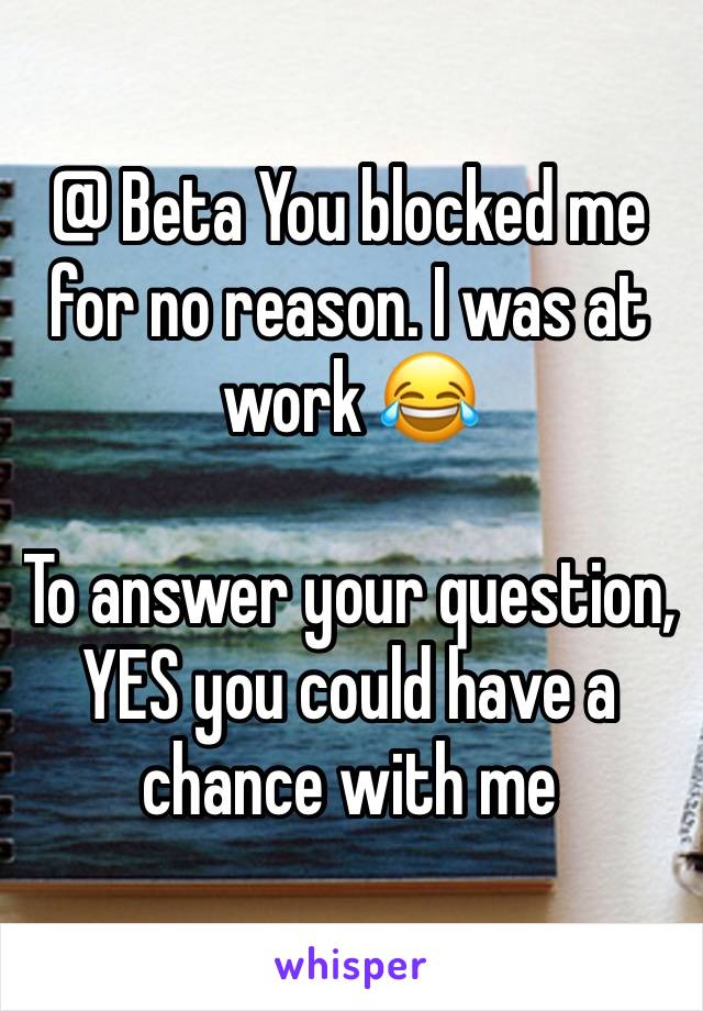 @ Beta You blocked me for no reason. I was at work 😂

To answer your question, YES you could have a chance with me