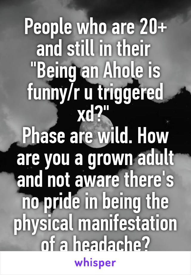 People who are 20+ and still in their 
"Being an Ahole is funny/r u triggered xd?" 
Phase are wild. How are you a grown adult and not aware there's no pride in being the physical manifestation of a headache?