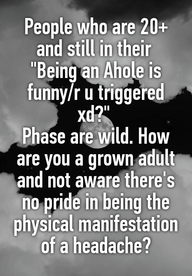 People who are 20+ and still in their 
"Being an Ahole is funny/r u triggered xd?" 
Phase are wild. How are you a grown adult and not aware there's no pride in being the physical manifestation of a headache?