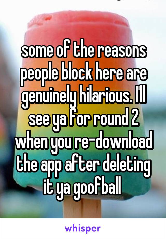 some of the reasons people block here are genuinely hilarious. I'll see ya for round 2 when you re-download the app after deleting it ya goofball 