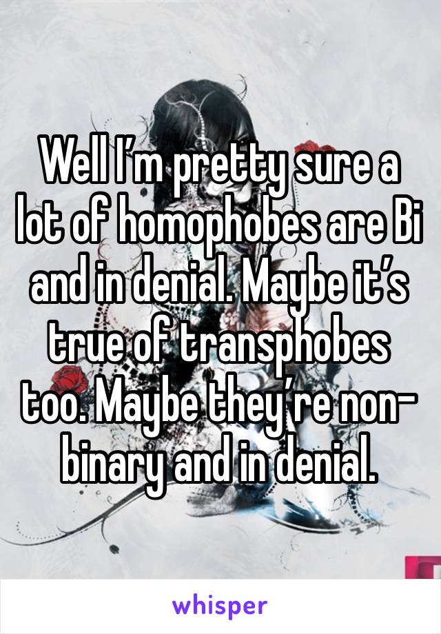 Well I’m pretty sure a lot of homophobes are Bi and in denial. Maybe it’s true of transphobes too. Maybe they’re non-binary and in denial.