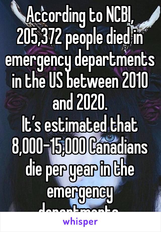 According to NCBI, 205,372 people died in emergency departments in the US between 2010 and 2020.
It’s estimated that 8,000-15,000 Canadians die per year in the emergency departments.