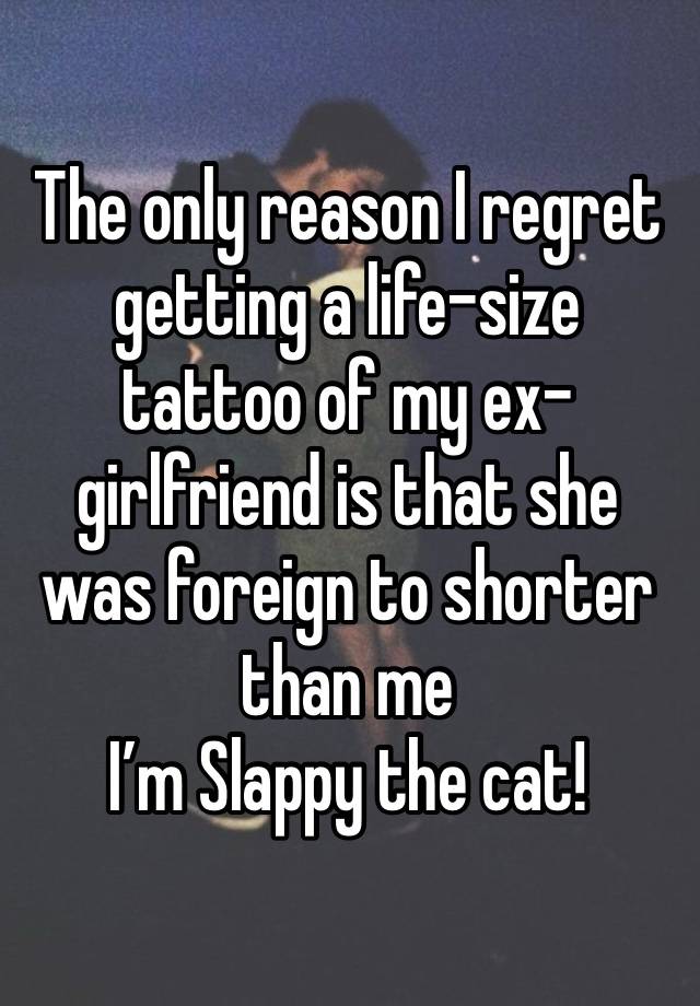 The only reason I regret getting a life-size tattoo of my ex-girlfriend is that she was foreign to shorter than me
I’m Slappy the cat!