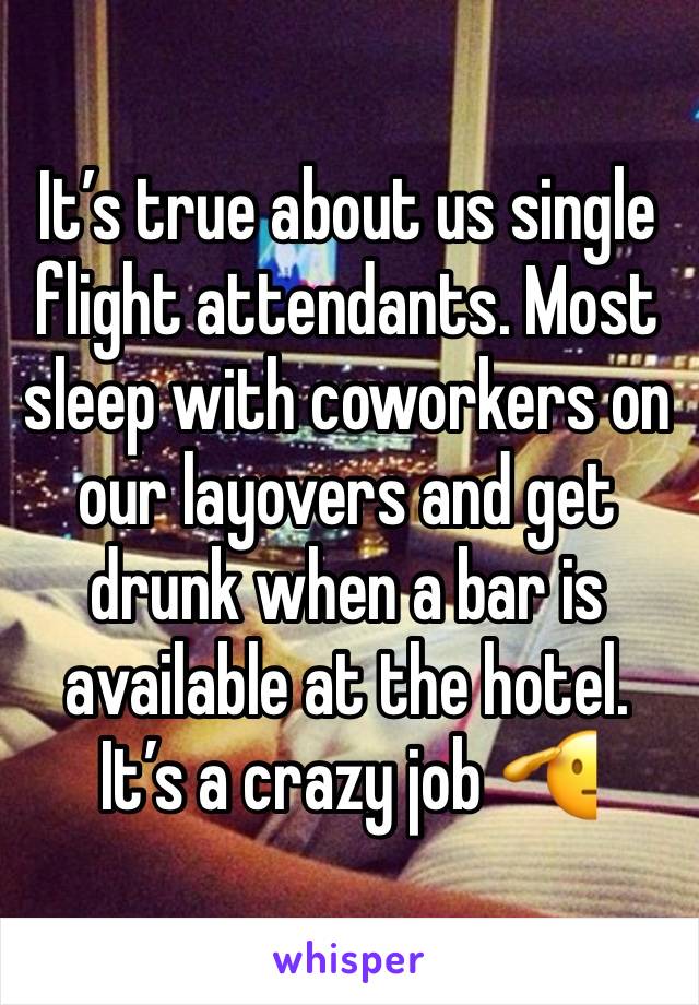 It’s true about us single flight attendants. Most sleep with coworkers on our layovers and get drunk when a bar is available at the hotel. It’s a crazy job 🫡