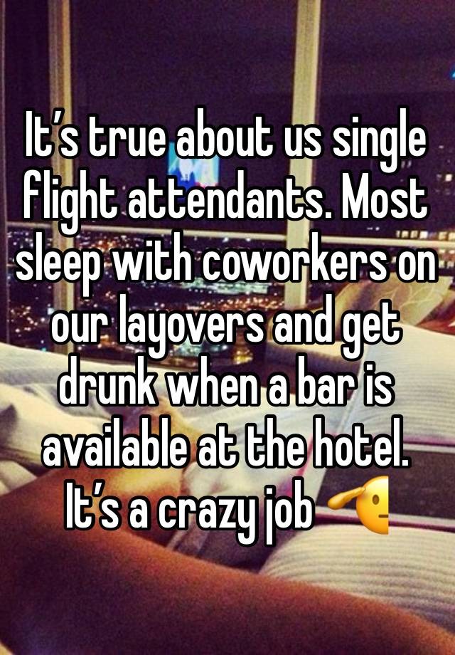 It’s true about us single flight attendants. Most sleep with coworkers on our layovers and get drunk when a bar is available at the hotel. It’s a crazy job 🫡