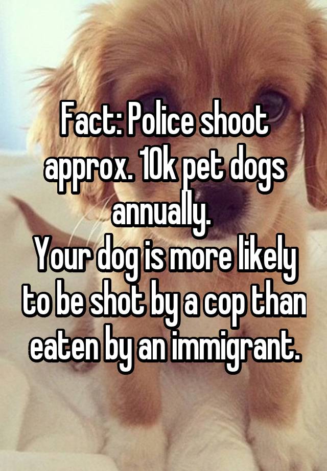 Fact: Police shoot approx. 10k pet dogs annually. 
Your dog is more likely to be shot by a cop than eaten by an immigrant.