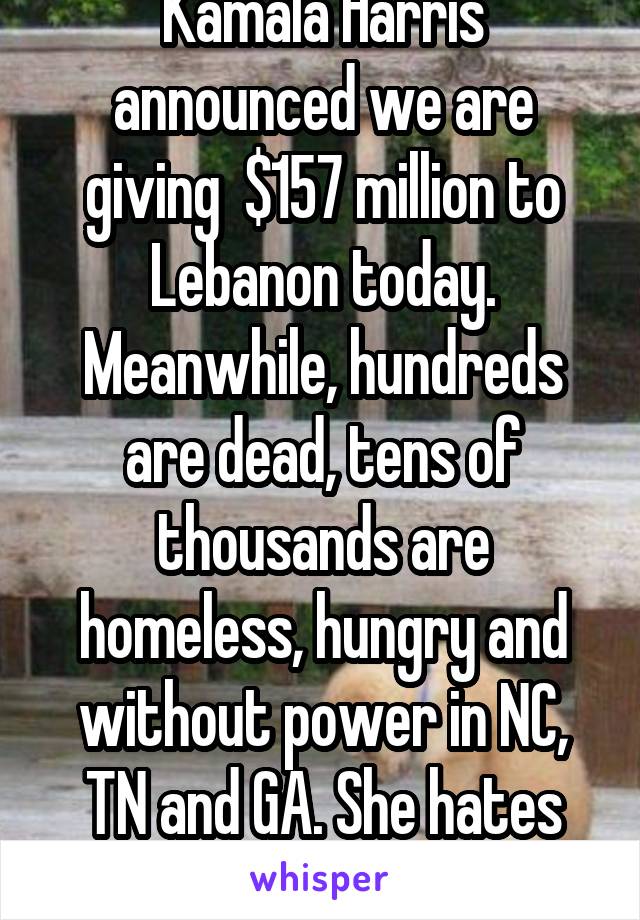 Kamala Harris announced we are giving  $157 million to Lebanon today. Meanwhile, hundreds are dead, tens of thousands are homeless, hungry and without power in NC, TN and GA. She hates this country.