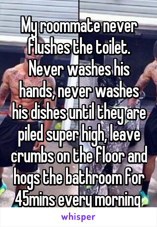 My roommate never flushes the toilet. Never washes his hands, never washes his dishes until they are piled super high, leave crumbs on the floor and hogs the bathroom for 45mins every morning 