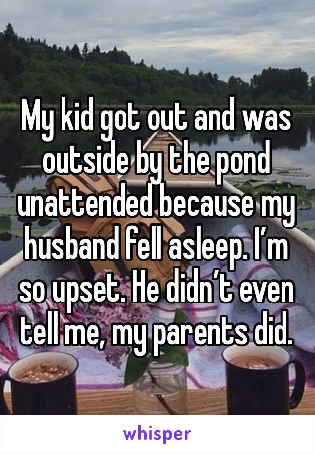 My kid got out and was outside by the pond unattended because my husband fell asleep. I’m so upset. He didn’t even tell me, my parents did. 