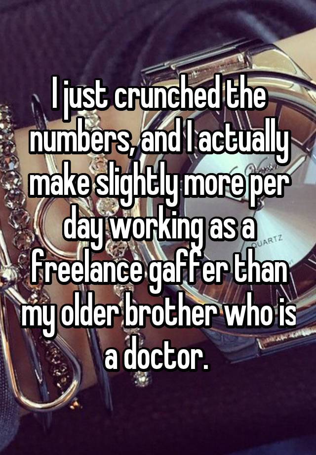 I just crunched the numbers, and I actually make slightly more per day working as a freelance gaffer than my older brother who is a doctor. 