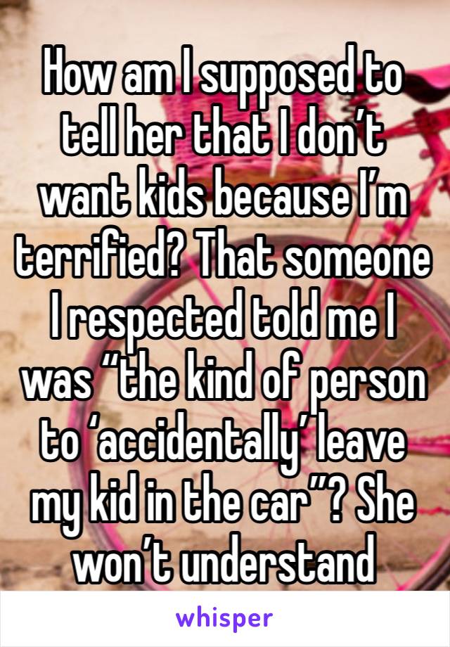 How am I supposed to tell her that I don’t want kids because I’m terrified? That someone I respected told me I was “the kind of person to ‘accidentally’ leave my kid in the car”? She won’t understand