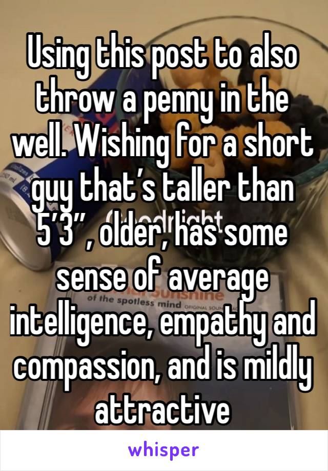 Using this post to also throw a penny in the well. Wishing for a short guy that’s taller than 5’3”, older, has some sense of average intelligence, empathy and compassion, and is mildly attractive 