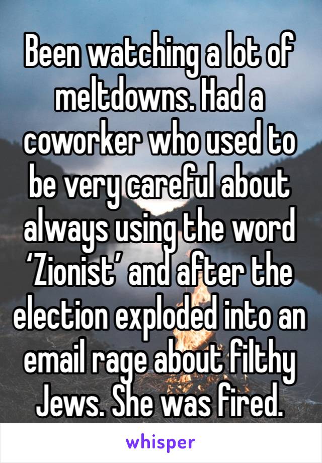 Been watching a lot of meltdowns. Had a coworker who used to be very careful about always using the word ‘Zionist’ and after the election exploded into an email rage about filthy Jews. She was fired.