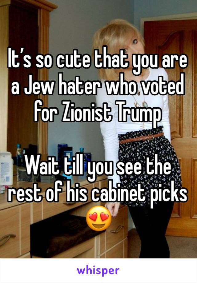 It’s so cute that you are a Jew hater who voted for Zionist Trump 

Wait till you see the rest of his cabinet picks 😍