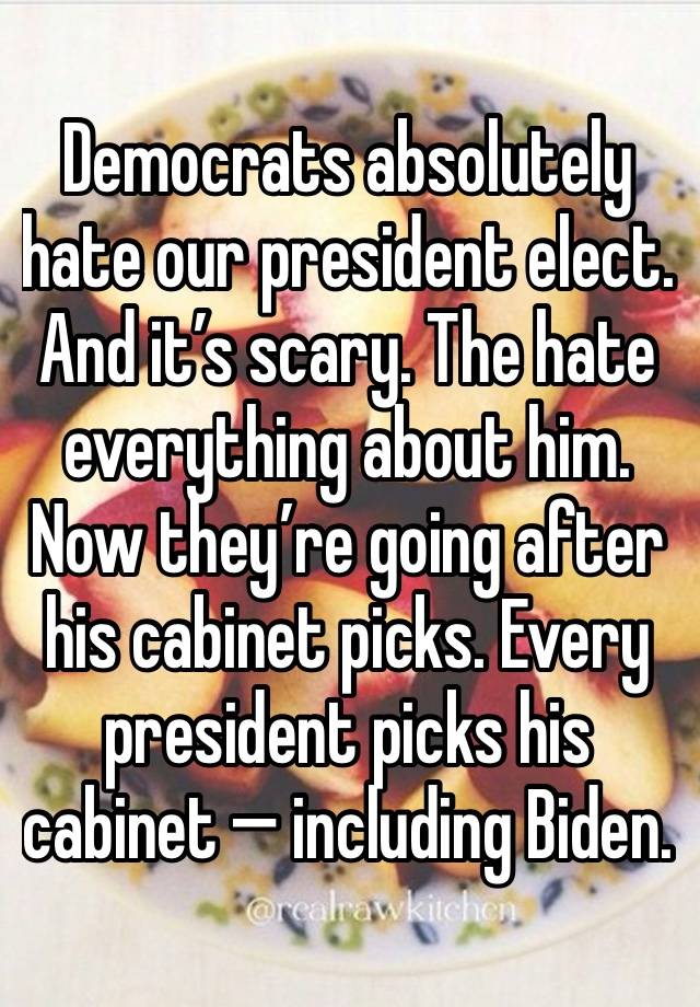 Democrats absolutely hate our president elect. And it’s scary. The hate everything about him. Now they’re going after his cabinet picks. Every president picks his cabinet — including Biden.