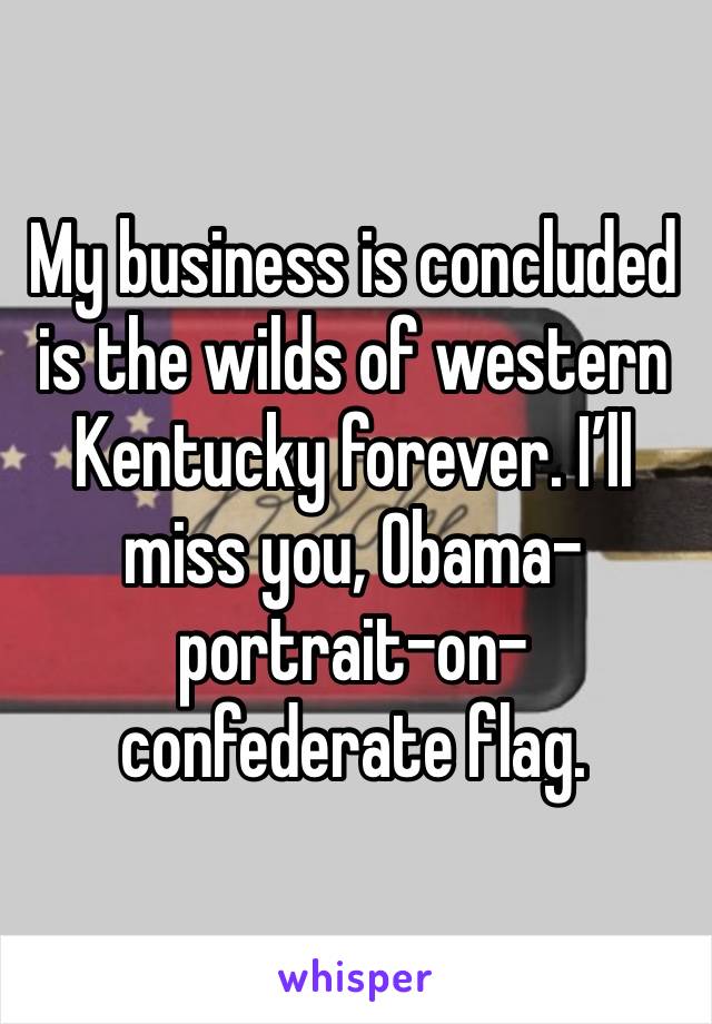 My business is concluded is the wilds of western Kentucky forever. I’ll miss you, Obama-portrait-on-confederate flag. 